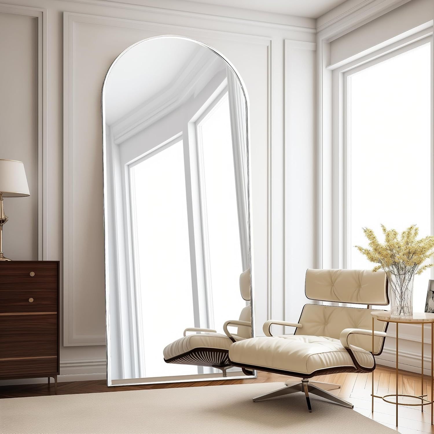 76&quot;X34&quot; Arch Full Length Mirror, Floor Length Hanging or Leaning, Body Mirror with Stand or Wall Mounted, Arched-Top Aluminum Frame for Bedroom (White)