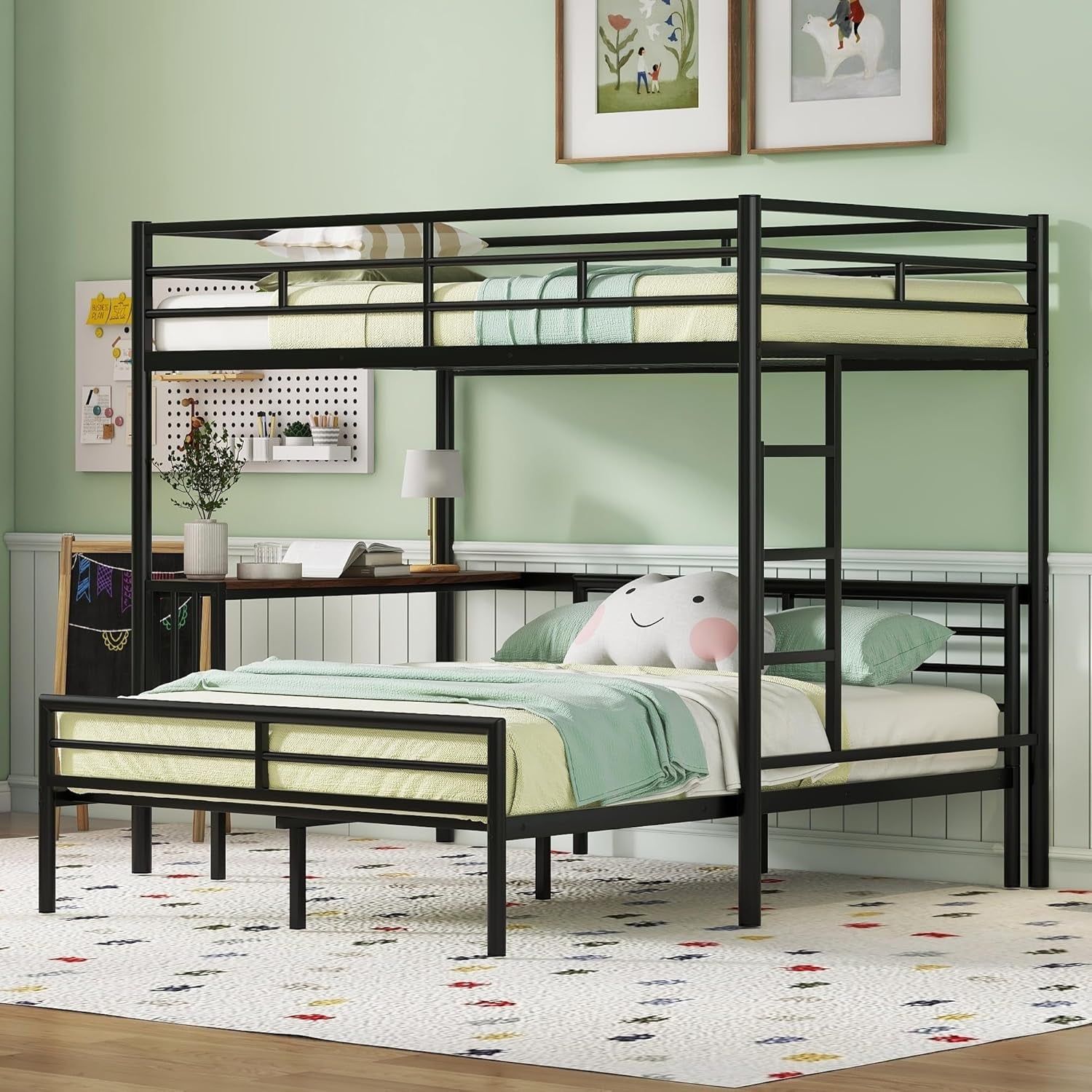 Metal Twin over Full Bunk Bed Frame with Desk, Loft Platform Mattress Foundation with Steel Slat Support Storage Space