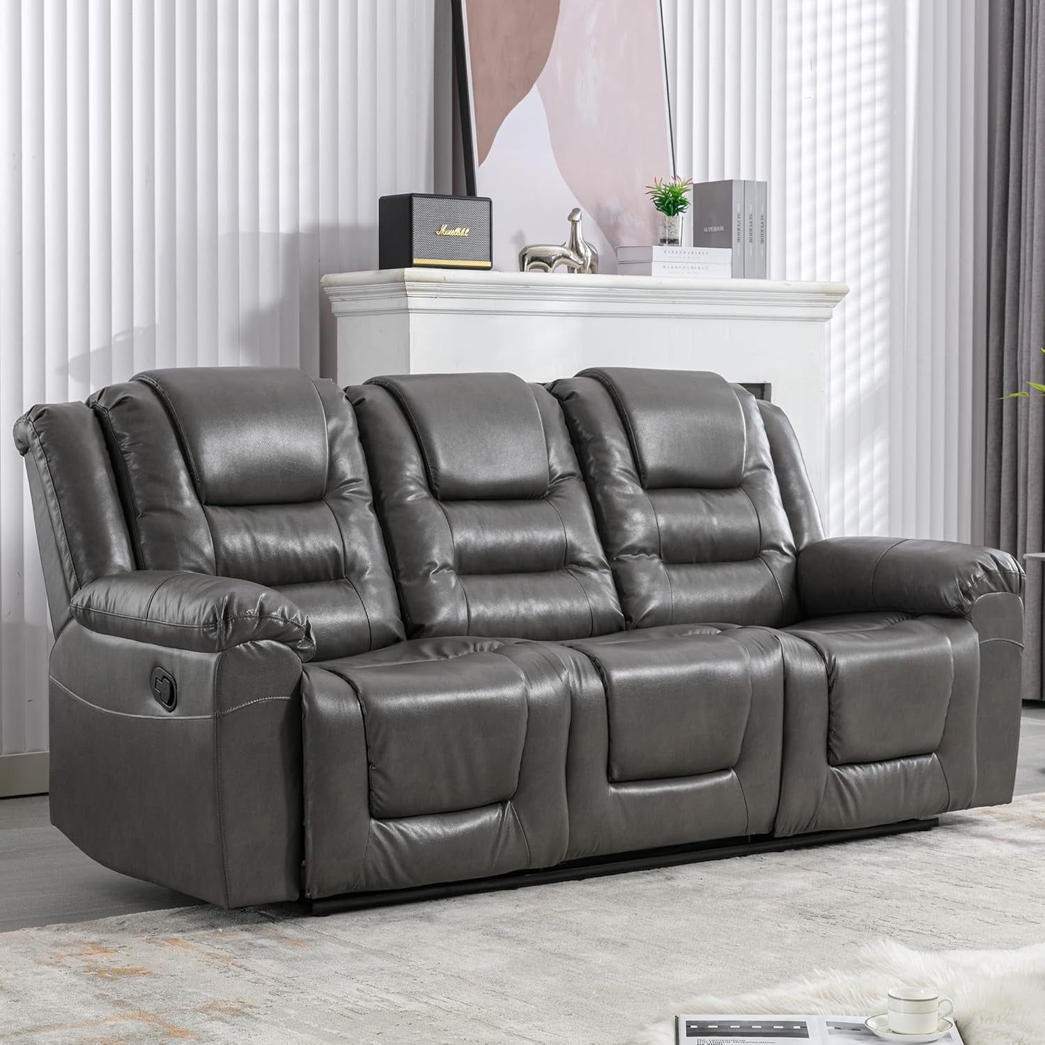 Leather Reclining Sofa Set,Home Theater Seating with Center Console,Flipped Middle Backrest,3 Seater for Living Room,Office,Home Theater,Rv (Grey)