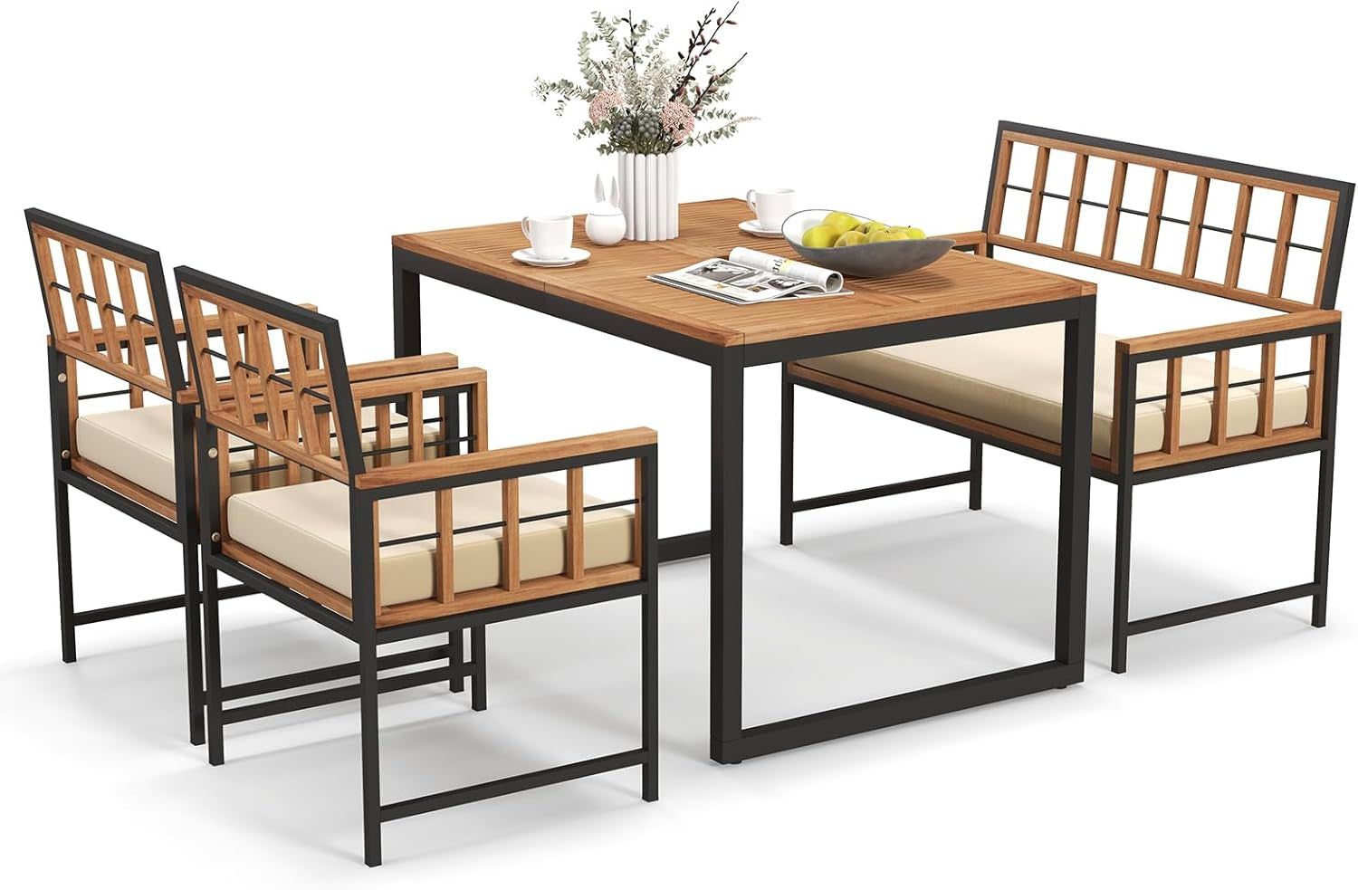4 Piece Patio Dining Set, Outdoor Wood Dining Furniture W/ 2 Chairs &amp; 1 Loveseat, 47” Acacia Wood Table W/Umbrella Hole, Cozy Seat Cushions, outside Furniture Set for Backyard, Poolside