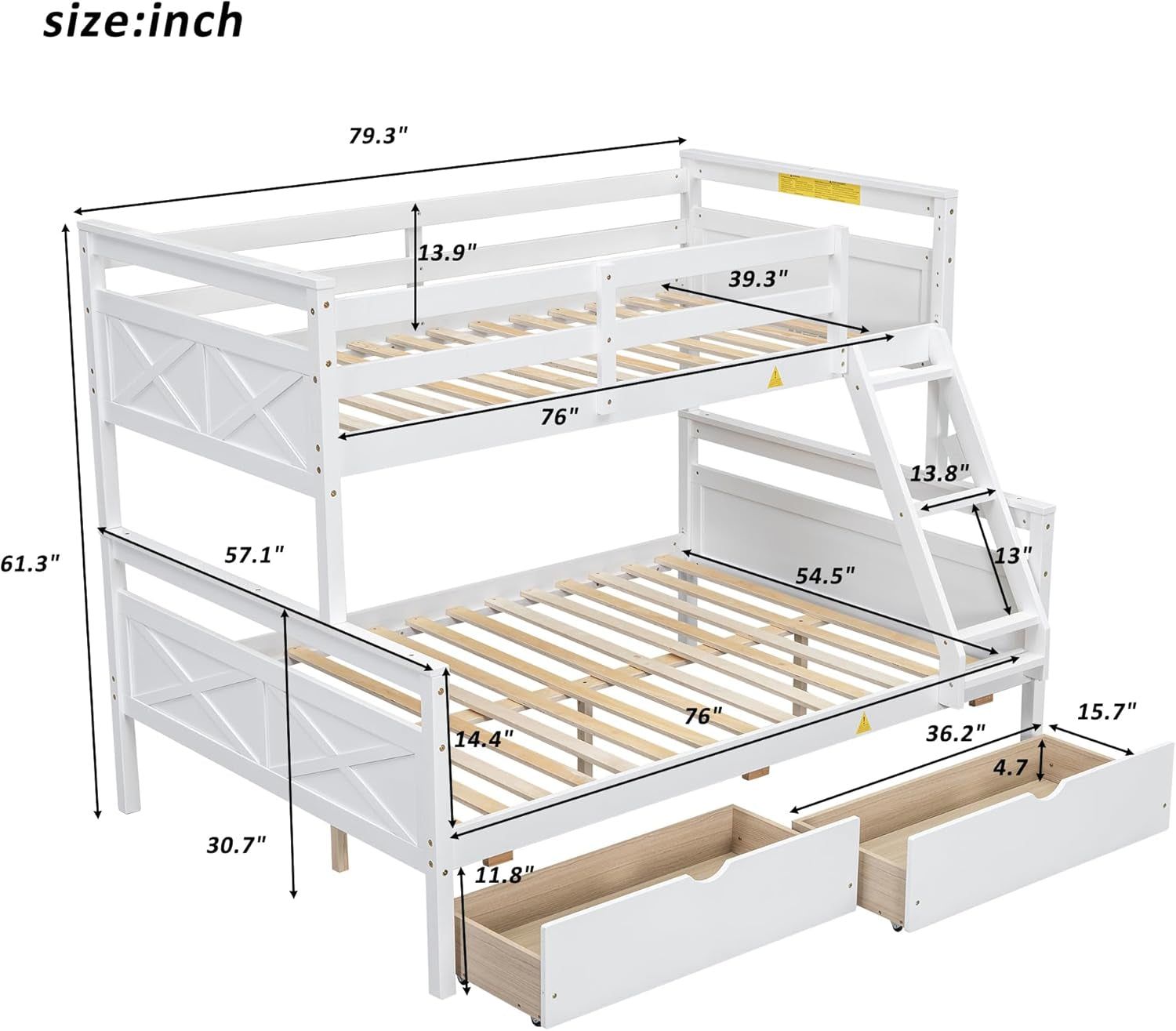 Twin over Full Bunk Bed, Kids Bedroom White Wooden Bunk Bed Frame, Convertible to 2 Separated Beds with 2 Big Drawers, Ladder &amp; Guardrail for Teens, Wood Slat Support, Easy Assembly, White