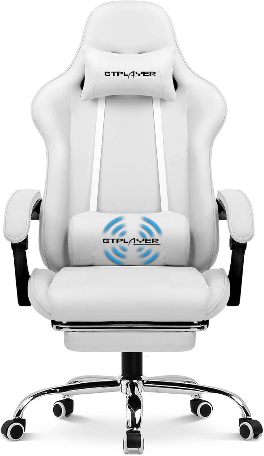 Gaming Chair with Footrest, Computer Chair with and Lumbar Support, Height Adjustable Game Chair with 360°-Swivel Seat and Headrest and for Office or Gaming (All Light Gray-Fabric)
