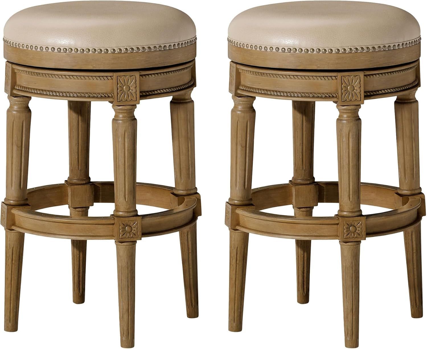 Pullman 31 Inch Tall Bar Height Upholstered Backless Barstool, Weathered Oak Finish with Avanti Brown Vegan Leather Cushion Seat, Set of 2