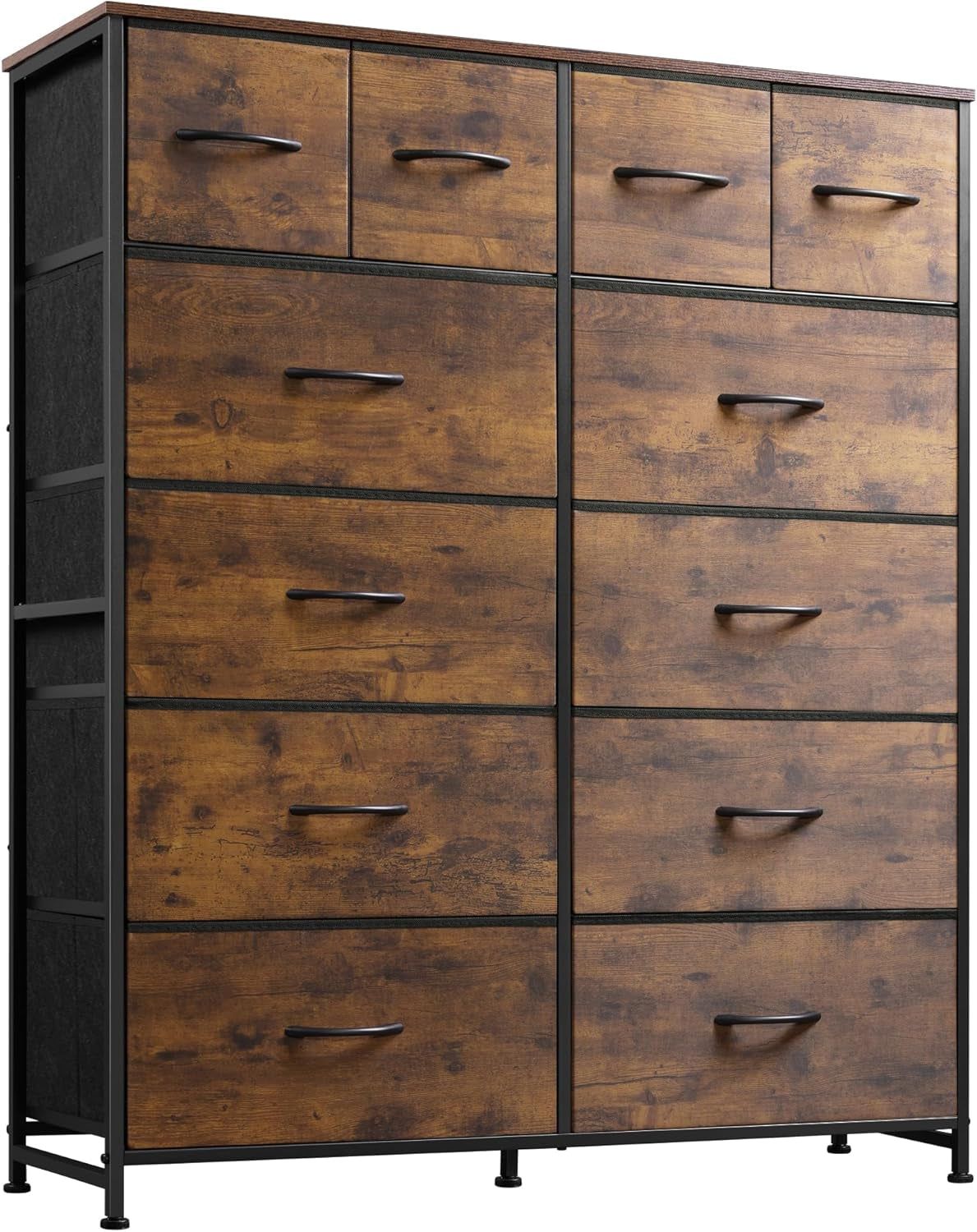 Tall Dresser for Bedroom with 12 Drawers, Chests of Drawers, Fabric Dresser for Bedroom, Closet, Fabric Storage Dresser with Drawers, Steel Frame, Rustic Brown Wood Grain Print