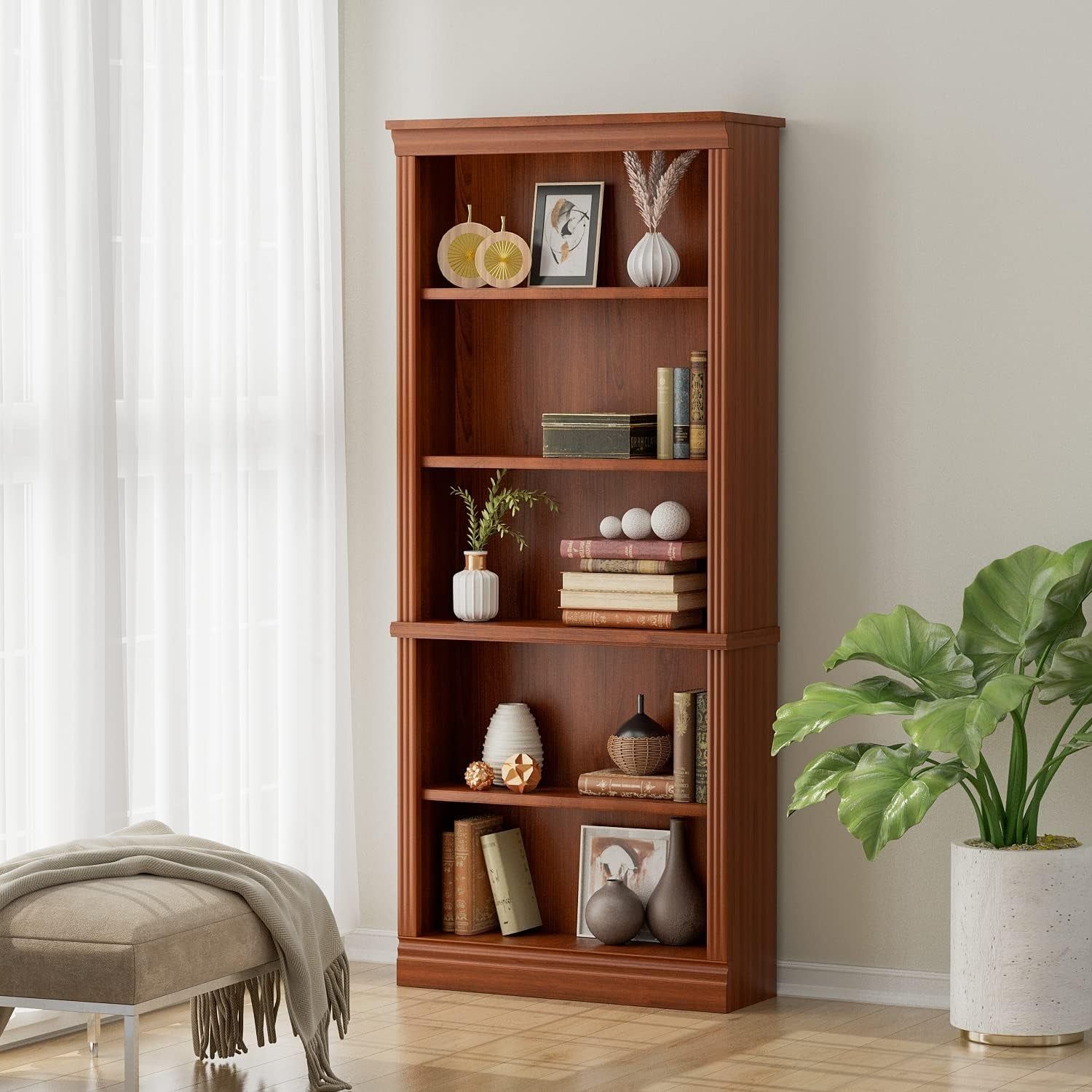 Cherry 5-Shelf Wooden Standing Bookcase Storage Rack