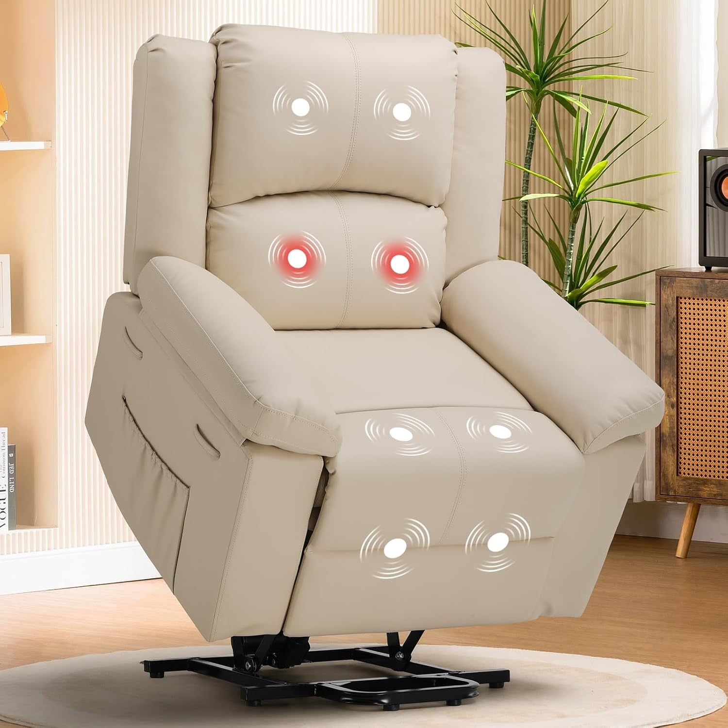 Power Lift Recliner for Elderly, Lift Chair with Heat and Massage，Pu Recliner Sofa with 2 Side Pockets and Infinite Position for Living Room, White
