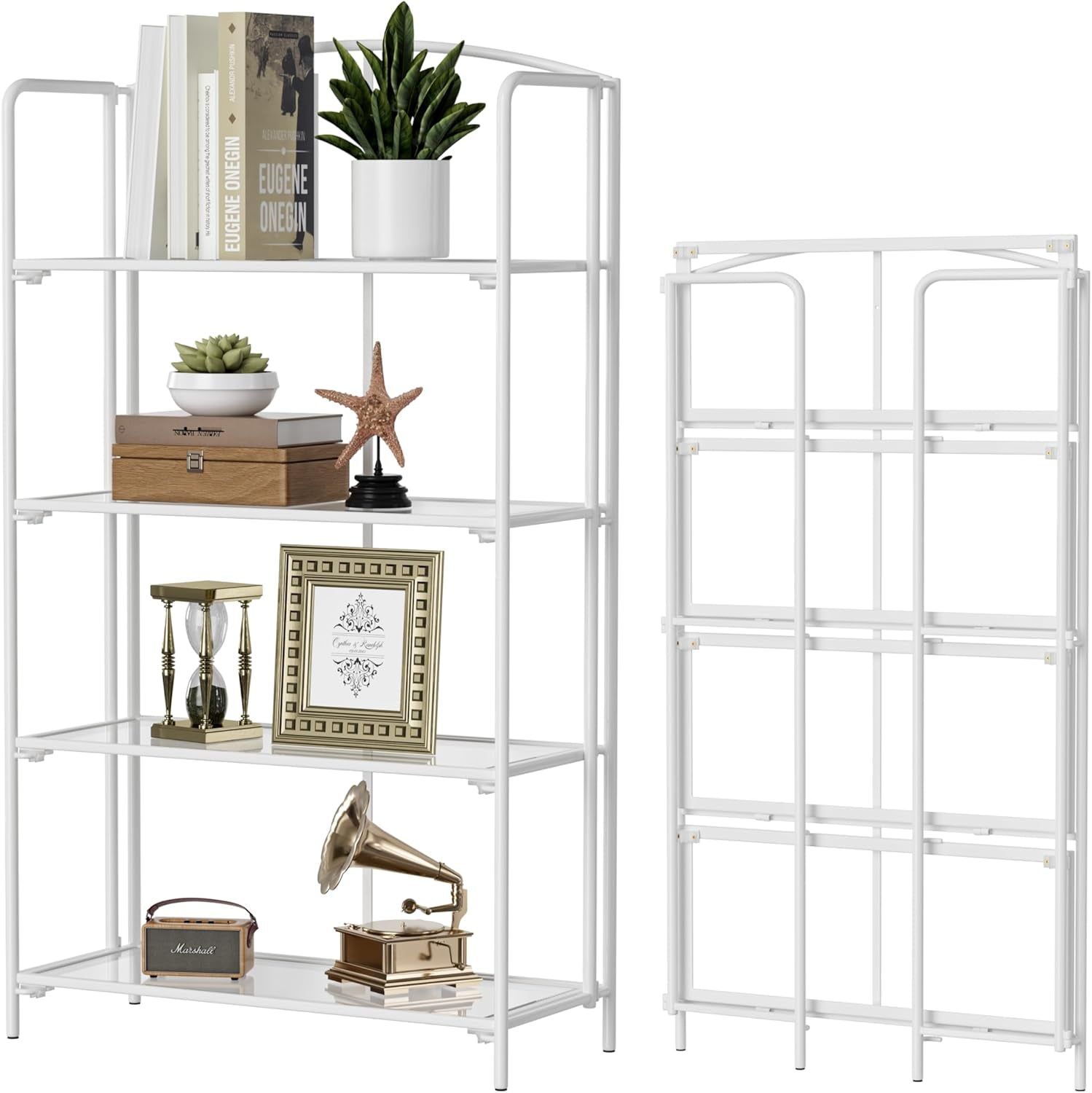 No Assembly Folding Bookshelf for Living Room, 4 Tier White Collapsible Book Shelf for Home Office, Portable Bookcase Storage Organizer