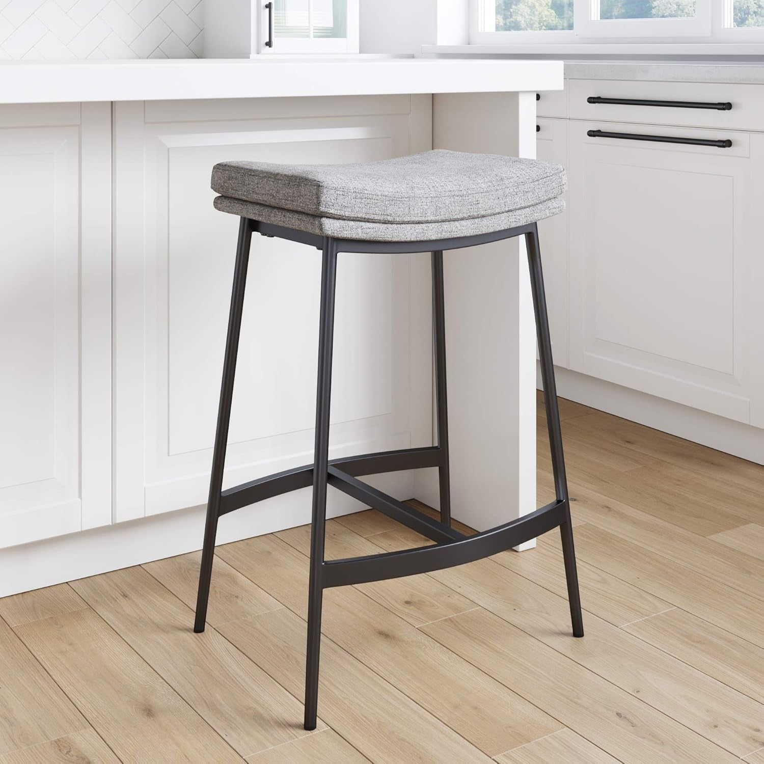 22201 Arlo Modern Backless Upholstered Kitchen Counter Bar Stool with Double-Layered Saddle Seat and Metal Base, Grey/ Matte Black