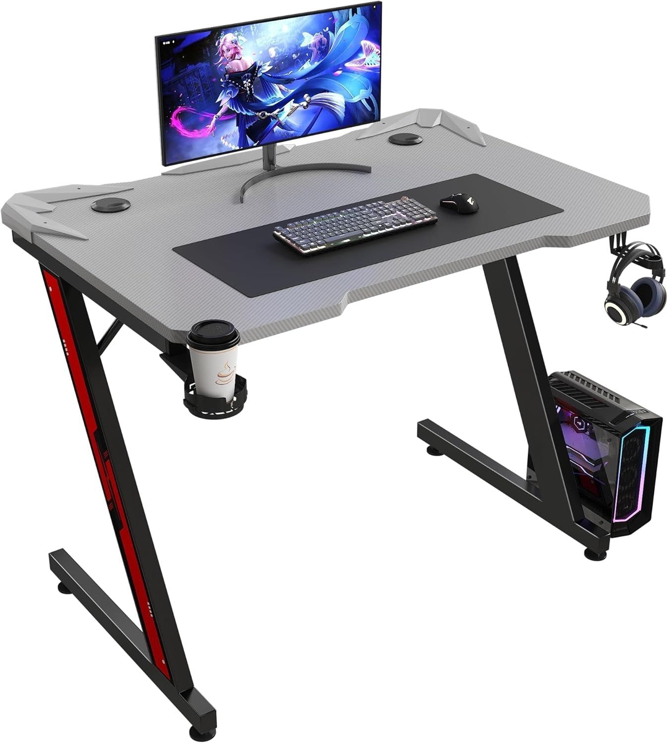 Gaming Computer Desk with Carbon Fiber Surface, Gaming Table Z Shaped Pc Home Office with Cup Holder&amp;Headphone Hook(32 In, Grey)