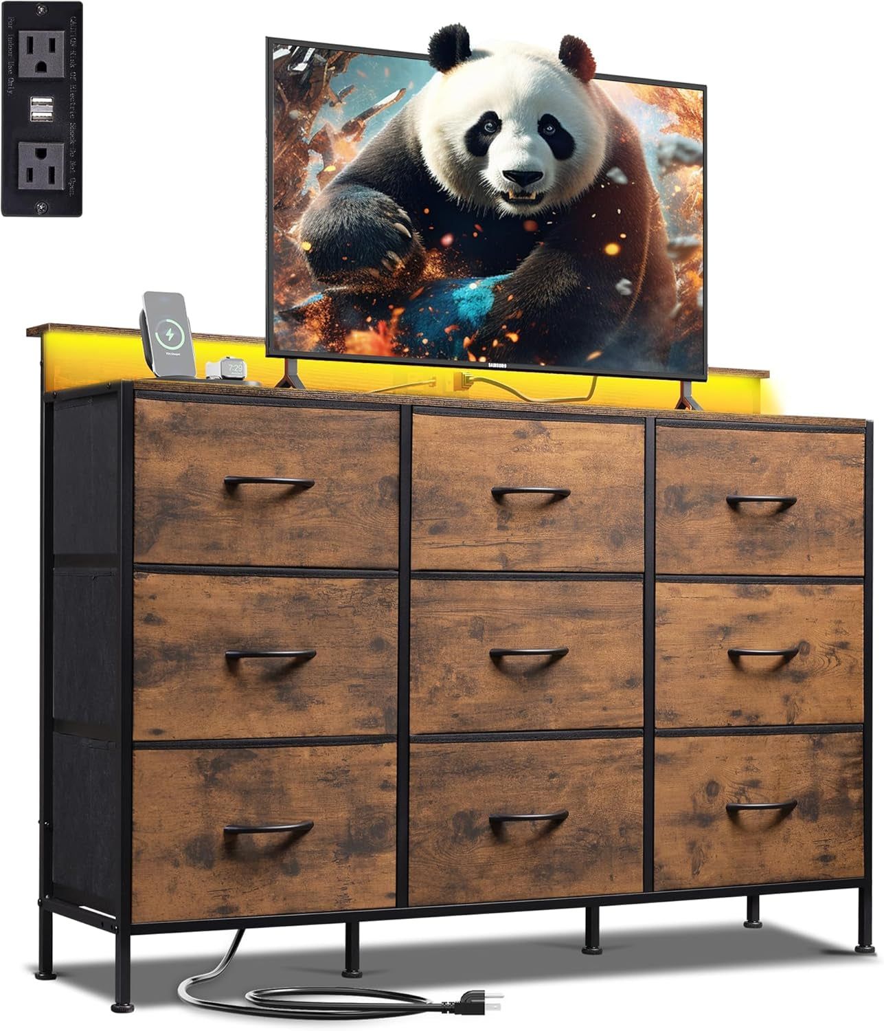 Dresser TV Stand for 55 Inch, Led Dresser for Bedroom, White Dresser for Bedroom with LED Lights and Charging Station, Chest of Drawers, 9 Fabric Dresser Drawers, Wood Top, Living Room, Closet