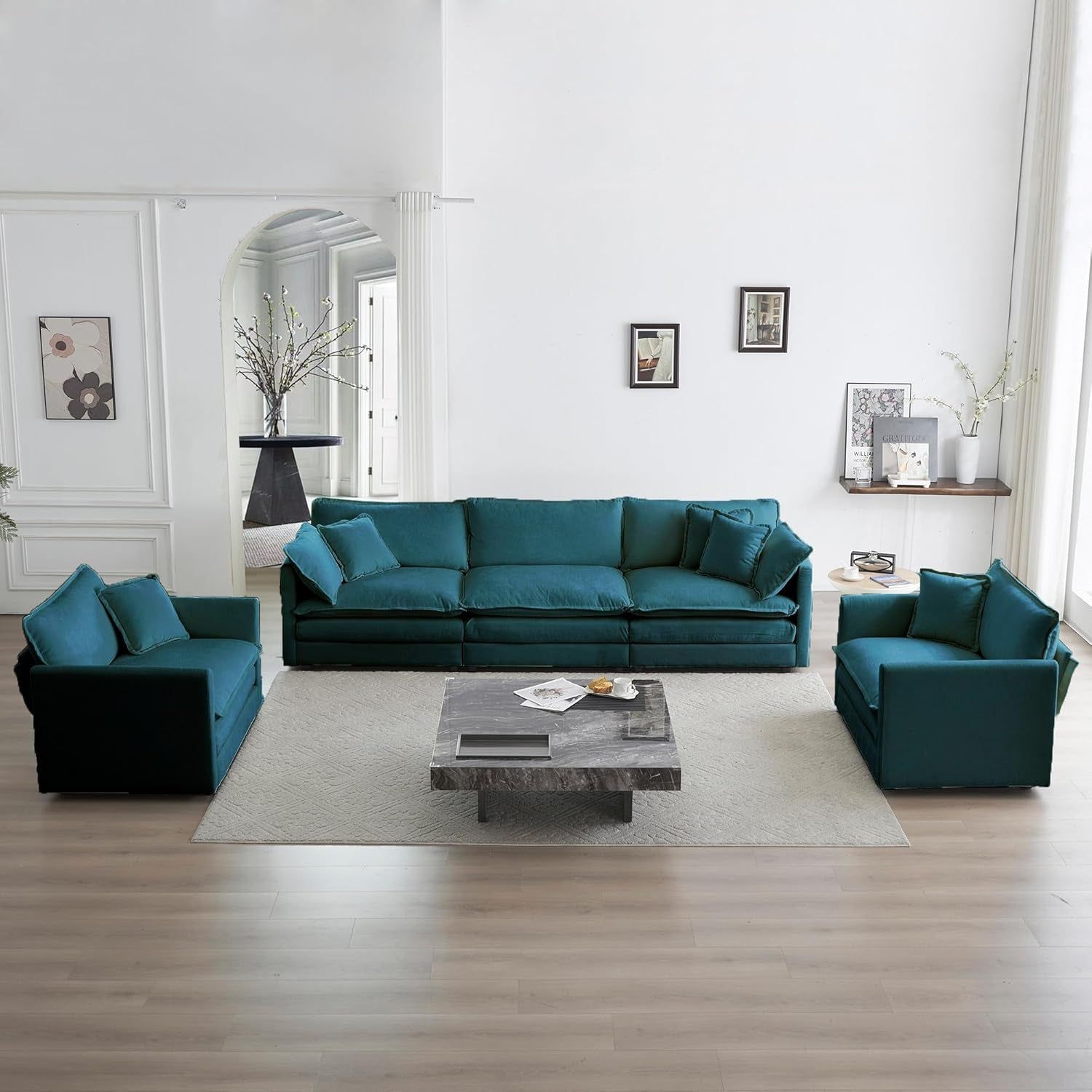 Luxury 3 Piece Sofa Set, 2 Pieces of Single Sofa and 1 Piece of 3 Seater Sofa, Modern Chenille Comfy Cloud Couches Set with 7 Pillows for Living Room Office, Blue