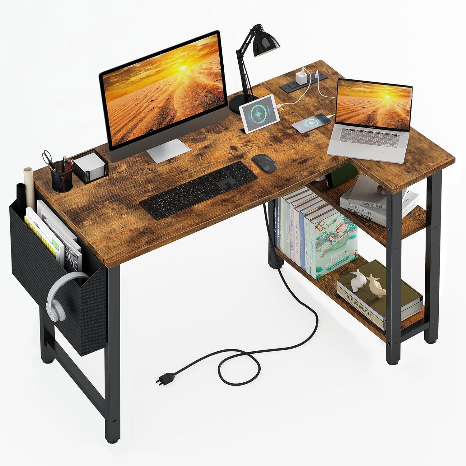 Small L Shaped Desk with Power Outlet Shelves, 40 Inch Corner Desk for Small Space Home Office, L-Shaped Computer Desk PC Desks with Charging Station, Rustic Brown