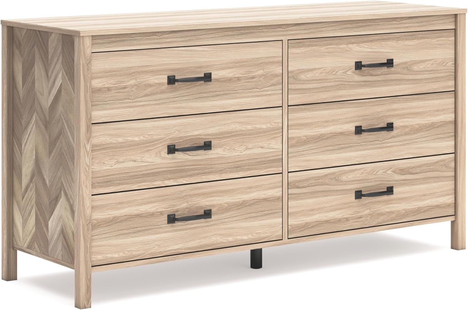 Battelle Mid-Century Modern 6 Drawer Dresser with Chevron Pattern and Safety Stop for Bedroom, Light Brown