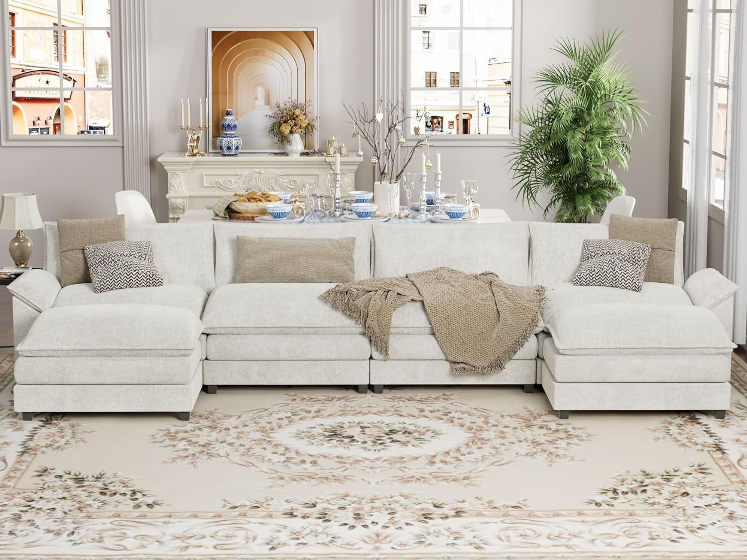 Sectional Modular Sofa U Shaped Chenille Fabric Couch with High Supportive &amp; Soft Sponges and Removable Ottoman, Sleeper Comfy Upholstered Furniture for Living Room, White