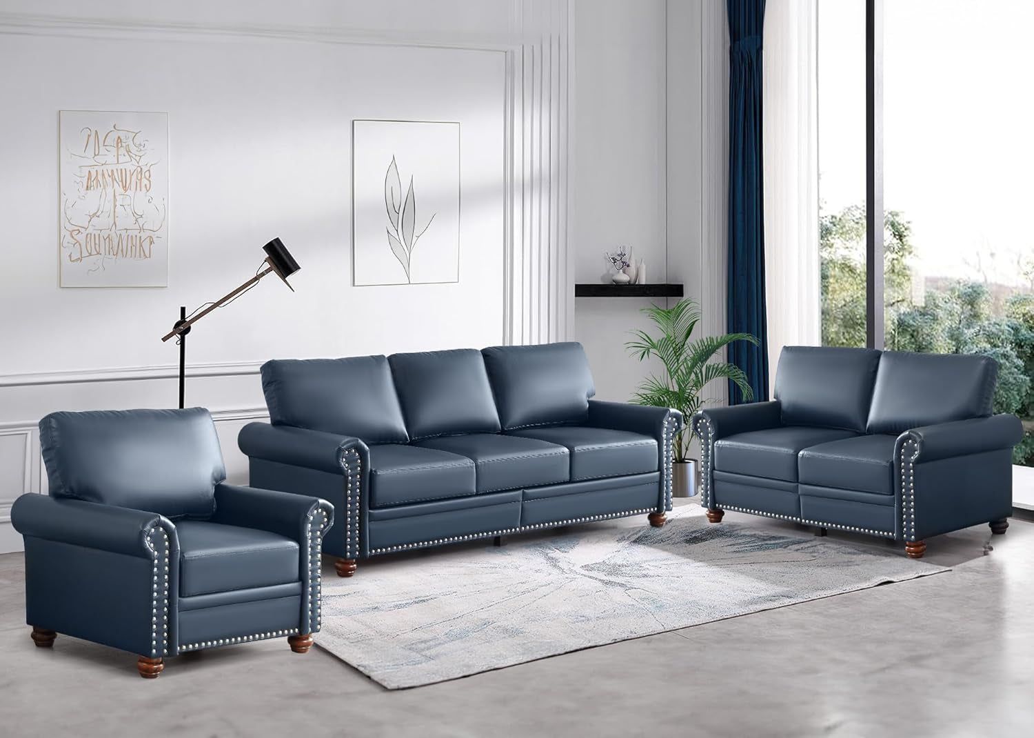3 Piece Faux Leather Sofa Set,Mid Century Modern Couch and Loveseat Sets with Storage,Comfy Deep Seat Sofa with Nailhead Trim &amp; Rolled Arm for Living Room,Office(Armchair+Loveseat+3 Seater,Navy Blue)