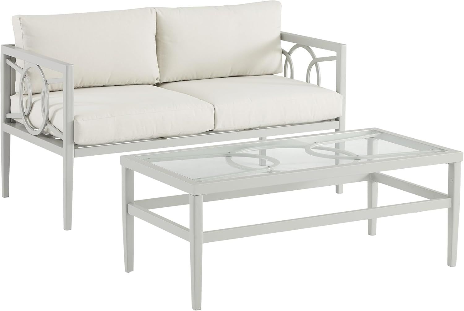 Ashford 2-Piece Outdoor Coffee Table and Loveseat Patio Furniture Set for Porch, Deck, Gray with Creme Cushions