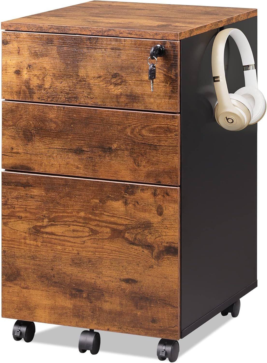3 Drawer Rolling File Cabinet with Lock, Wood under Desk Filing Cabinet Fits Letter/Legal/A4 Size for Home Office, Rustic Brown