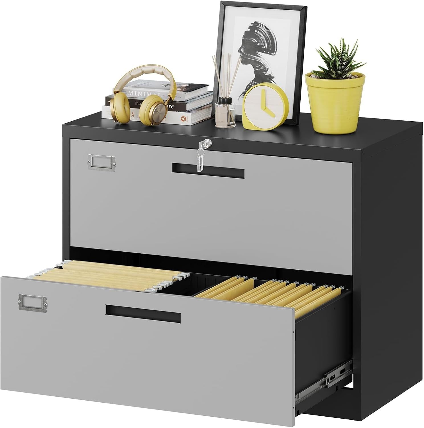 2 Drawer Lateral File Cabinet with Lock, Metal Steel Filling Cabinets for Home Office, Lockable Storage Cabinet for Hanging Files Letter/Legal/F4/A4 Size-Assembly Required