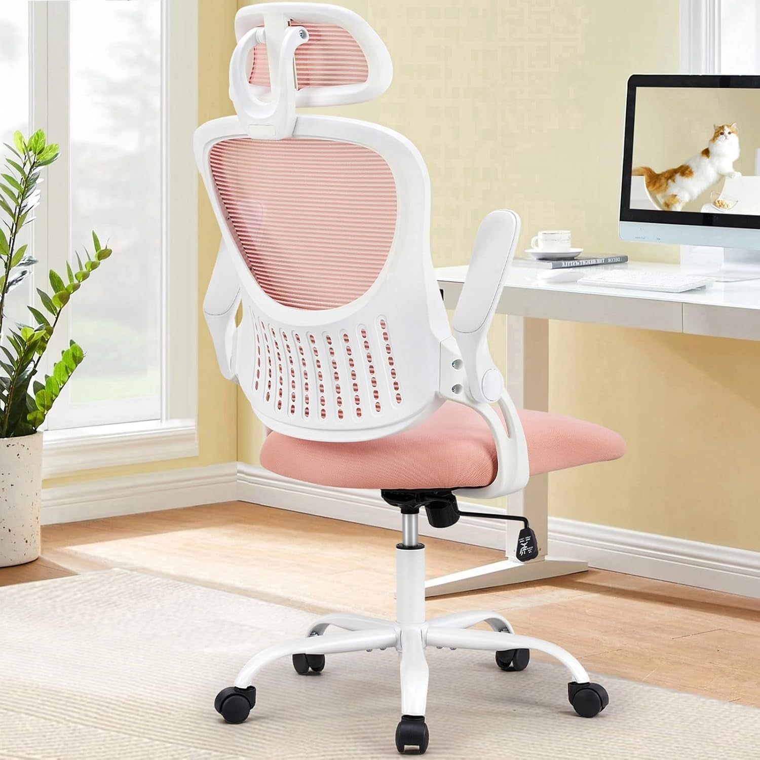 Office Computer Desk Chair, Ergonomic High-Back Mesh Rolling Work Chairs with Wheels and Adjustable Headrests, Comfortable Lumbar Support, Comfy Flip-Up Arms for Home,Bedroom,Study, Pink