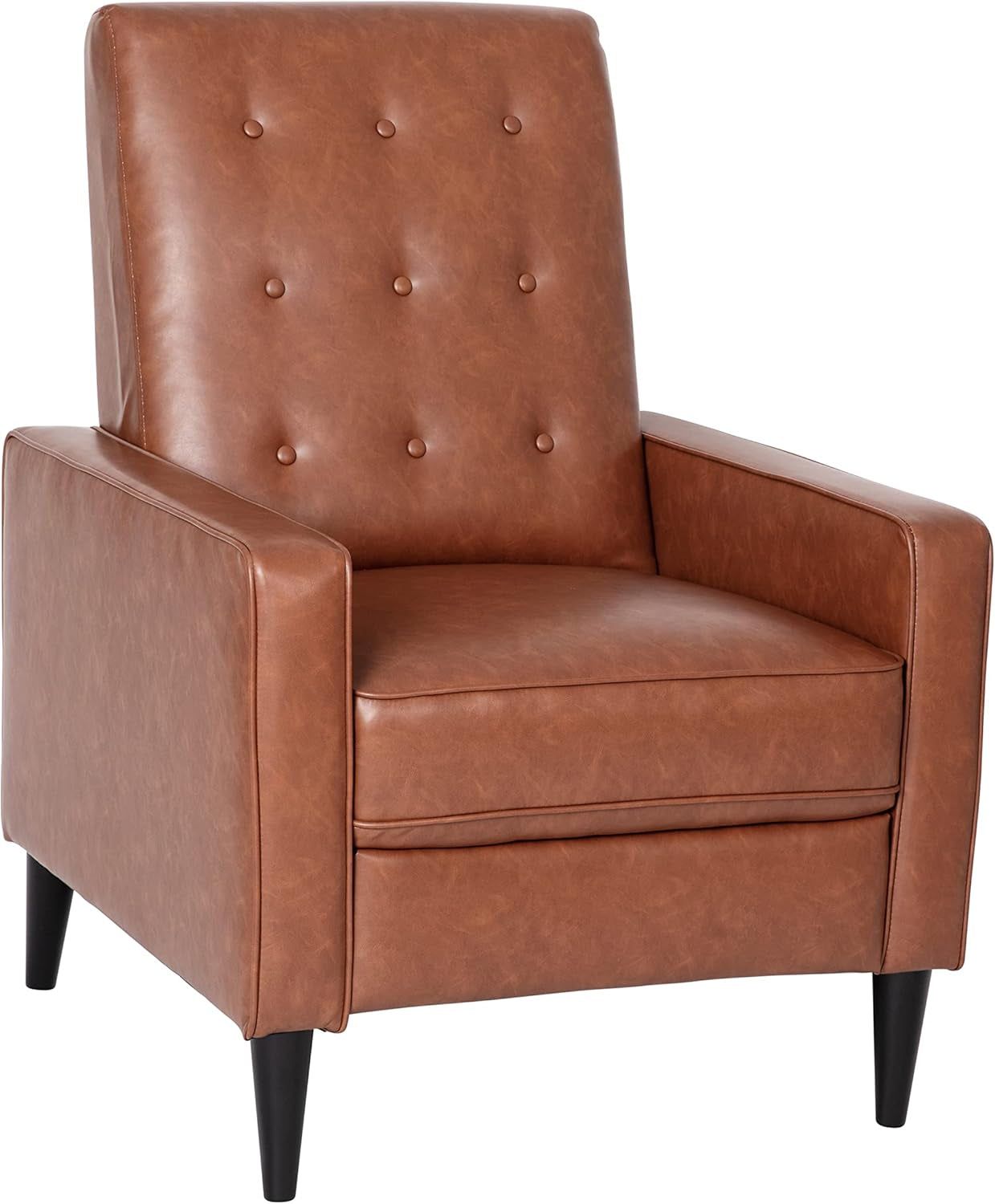 Erza Leathersoft Button Tufted Pushback Recliner, Mid-Century Modern Recliner Chair for Residential and Commercial Use, Cognac Brown