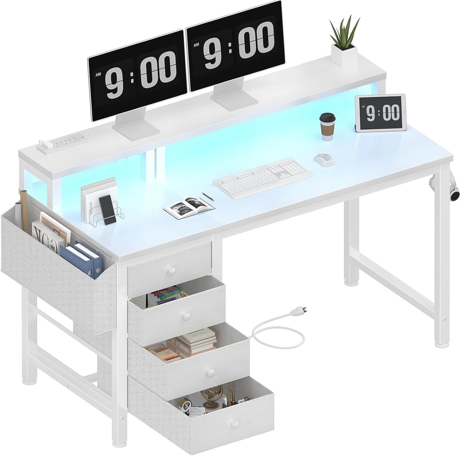 White Desk with 4 Drawers - 47 Inch Gaming Desk with Monitor Stand, Computer Gaming Desk with LED Lights Power Outlets and Storage Bag Fabric Drawer for Home Office, Bedroom, White