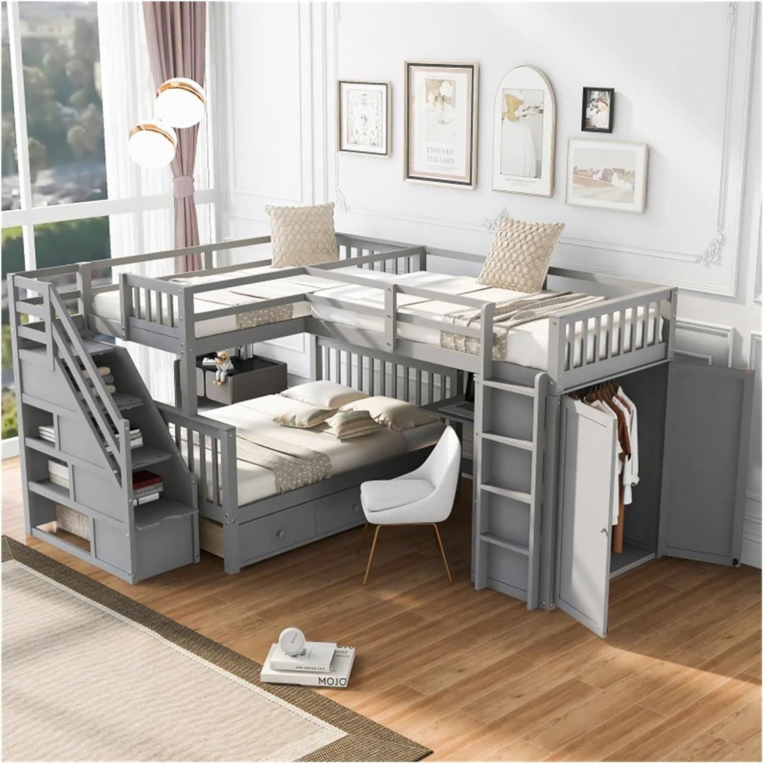Twin-Twin over Full L-Shaped Bunk Bed with 3 Drawers,Portable Desk and Wardrobe,Practical Family Modern Style (Grey One Size)