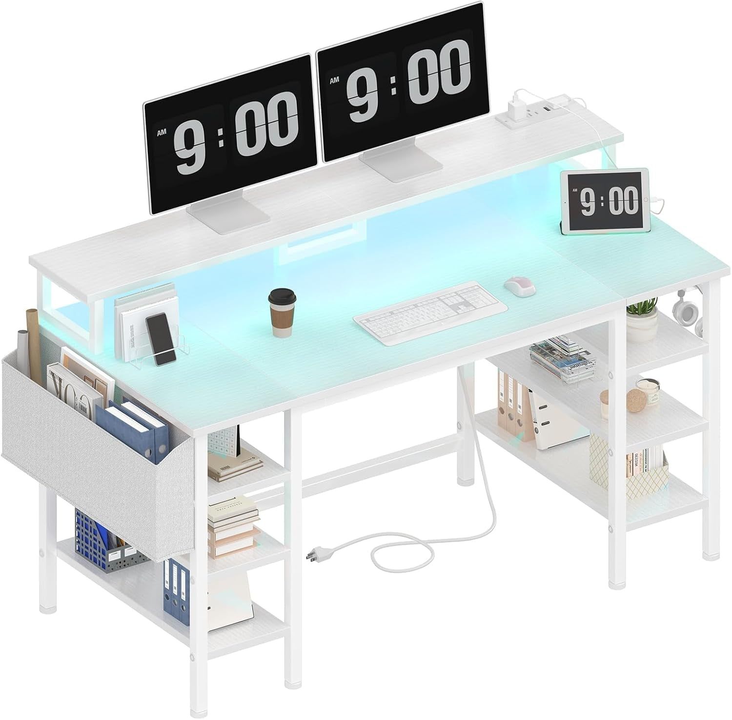 White Desk with Storage Shelves - 47 Inch Home Office Gaming Desk with Monitor Stand, Computer Desk with LED Lights and Power Outlets, White