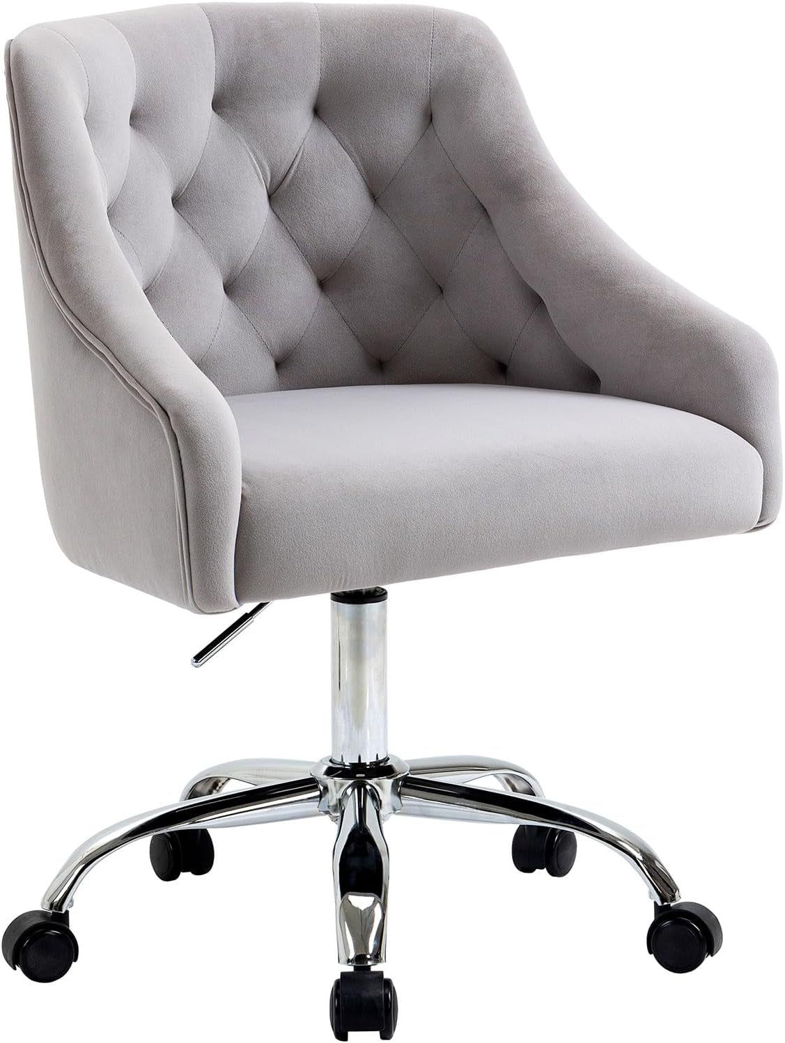Velvet Office Swivel Chair, Vanity Chair, Fabric Desk Chair, Pretty Fancy Chair, Gold Office Chair for Girls, 360°Swivel Height Adjustable Reception Chair (Grey)
