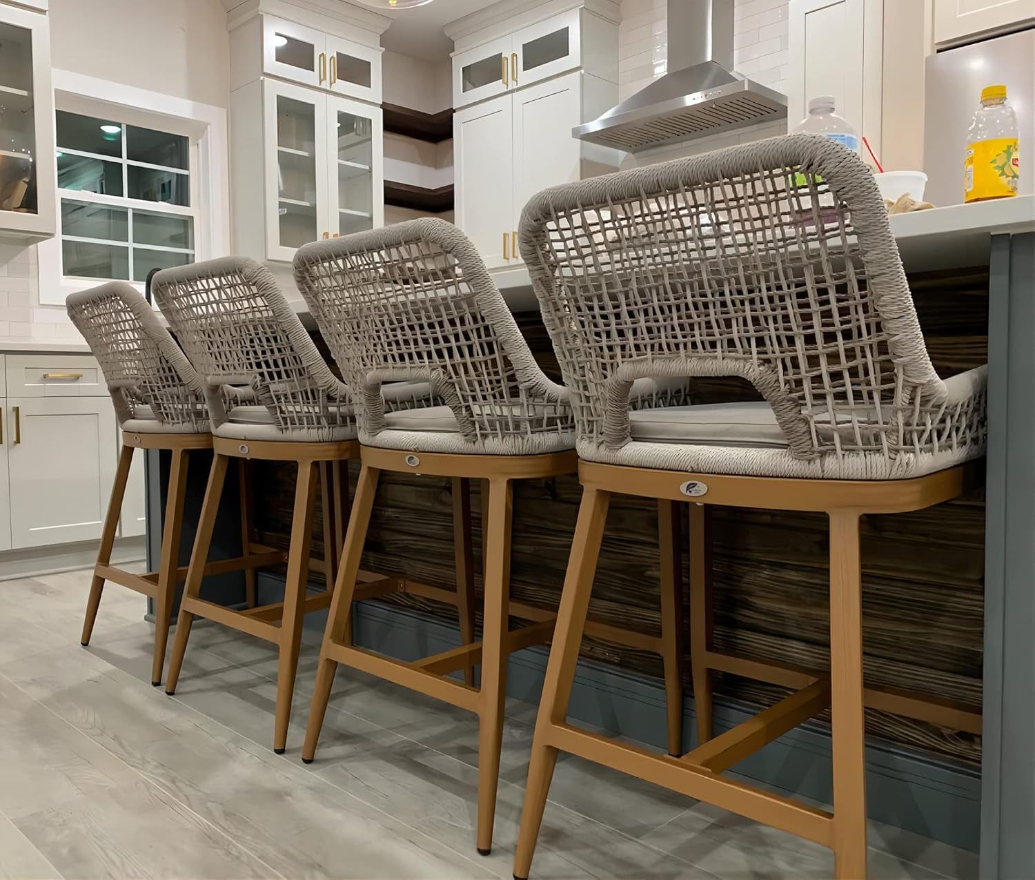 Counter Height Bar Stools Set of 4 Rattan Chair Boho Aluminum Woven Counter Stools with Back and Footrest Modern Patio Seating 24.8 Inches Outdoor Barstools
