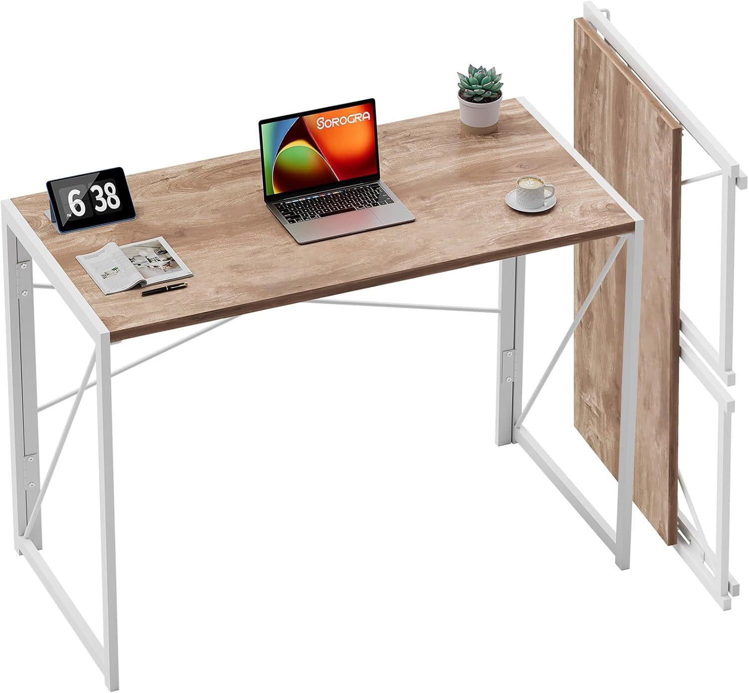 Small Folding Desk, No Assembly Required Computer Desks, 39.4 Inch Spaces Saving Foldable Table for Bedroom, Home Office, Dorm, Apartment, Oak