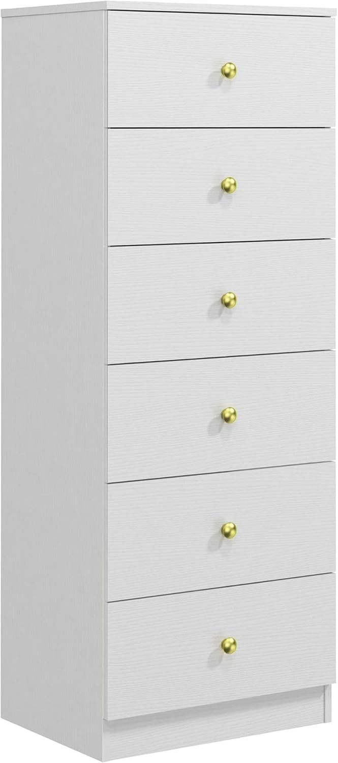 Modern 6 Drawer Vertical Dresser, Wood Tall Chest of Drawers N Arrow Storage Organizer with Wide Drawers &amp; Metal Gold Handles for Bedroom, Living Room, Office, Hallway, Entryway (White)