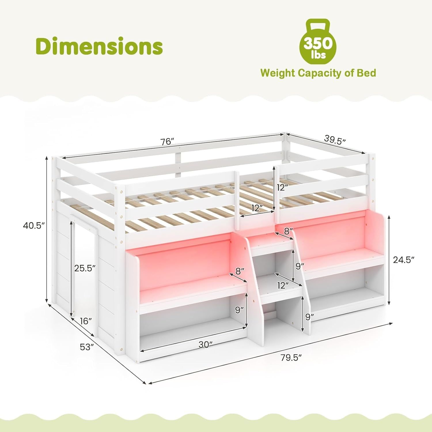 Low Loft Bed with LED Lights, Wooden Twin Loft Bed with Stairs &amp; Safety Guardrail, Loft Bed Twin Size with Storage Bookcase and Under-Bed Play Space, Loft Bed for Kids (White)