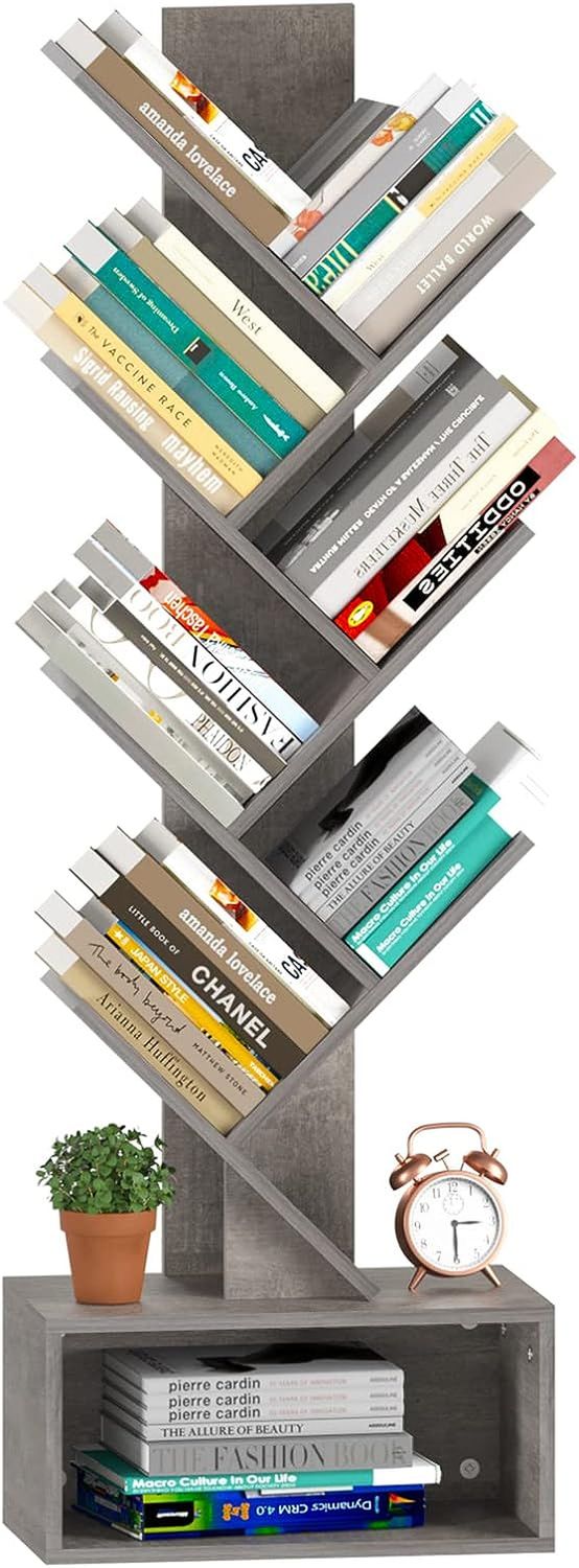 Tree Bookshelf - 6 Shelf Retro Floor Standing Bookcase, Tall Wood Book Storage Rack for Cds/Movies/Books, Utility Book Organizer Shelves for Bedroom, Living Room, Home Office, Grey