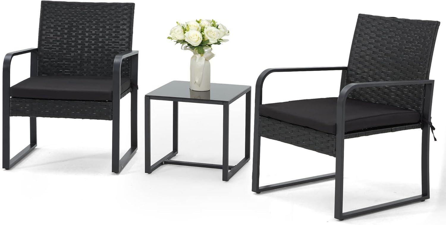 3 Piece Outdoor Patio Furniture Set, Patio Bistro Set Wicker Conversation Set, Modern Rattan Chair with Glass Coffee Table for Backyard, Porches, Poolside, Lawn and Balcony