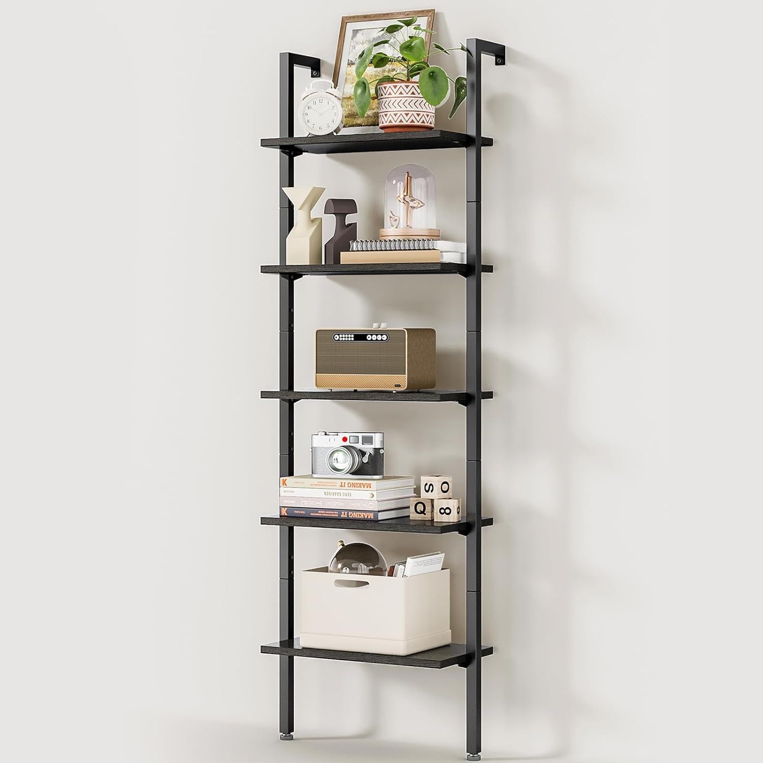 72 Inch Black 5-Tier Metal Frame Ladder Shelf