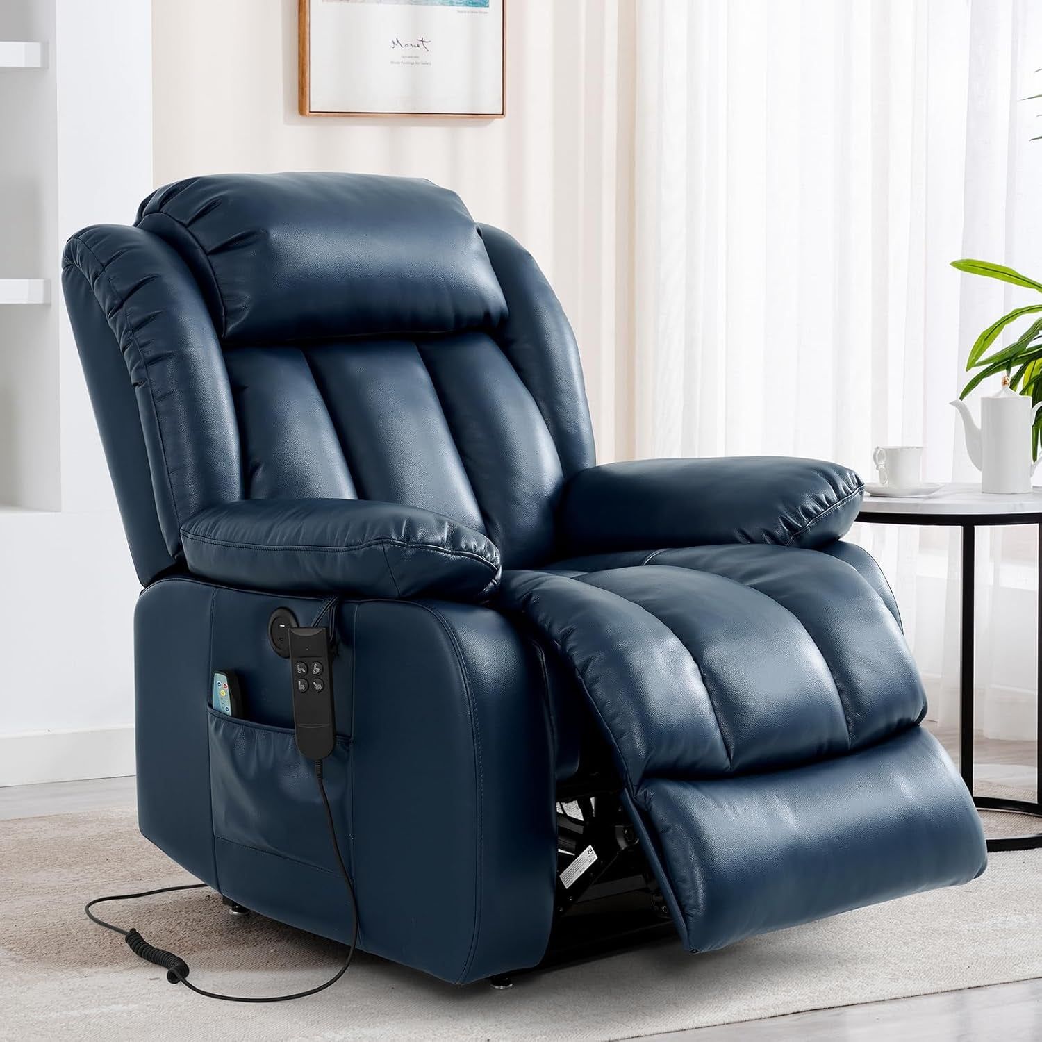 Dual Motor Large Power Lift Recliner Chair Recliners for Elderly, Infinite Position Recliner Chair with Heat and Massage, Breathable Leather(Dark Blue)