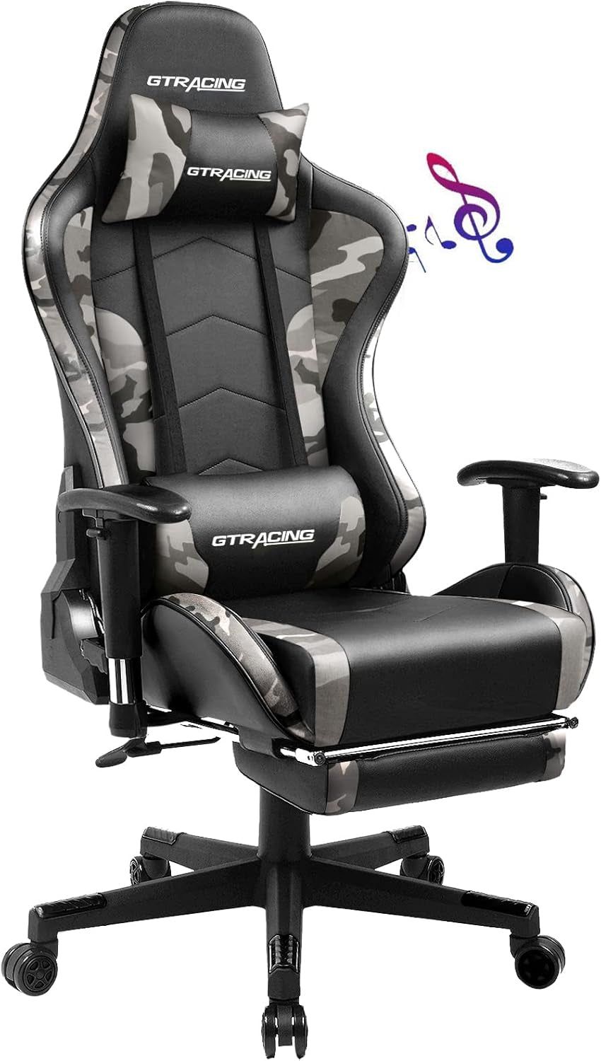 Gaming Chair with Footrest and Bluetooth Speakers Music Video Game Chair Heavy Duty Ergonomic Computer Office Desk Chair (Blue)