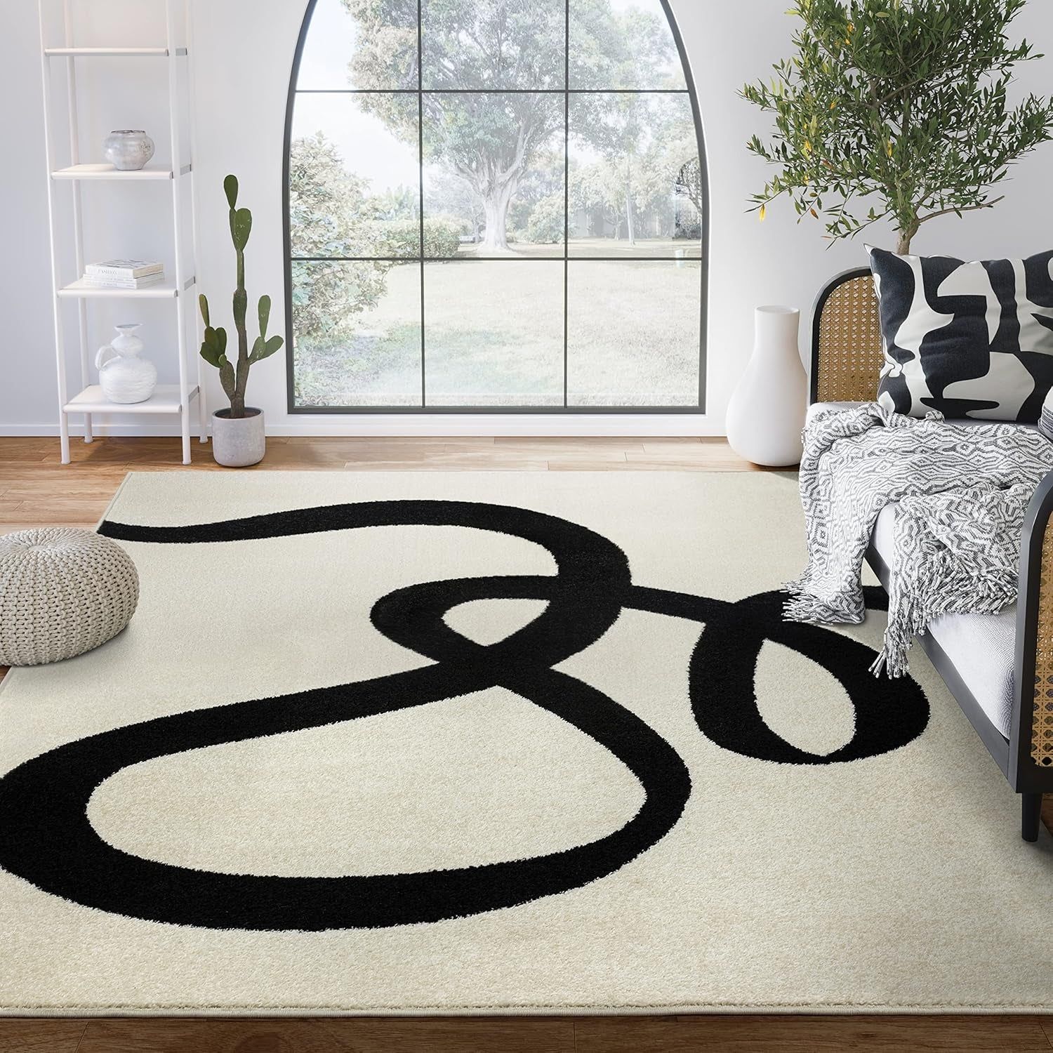 Abstract Beige/Black Area Rug - 8&#39;X10&#39; - Modern Curved Line Design - Deco Collection - Easy to Clean - Durable for High Traffic Areas - Living Room, Dining Room - Medium Pile