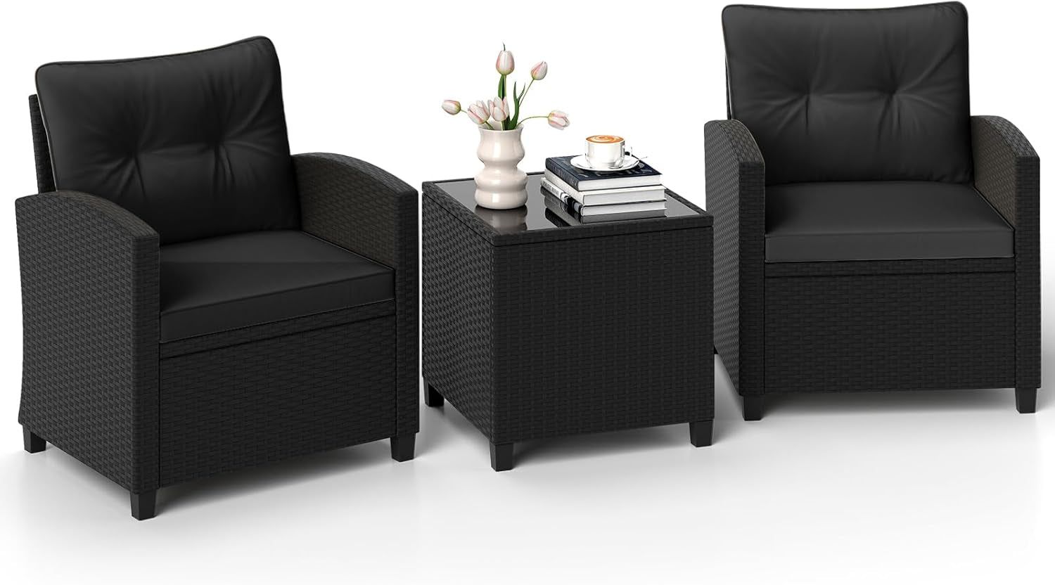 3 Pieces Patio Furniture Set, Wicker Conversation Set Outdoor Chairs with Cushions, Glass Coffee Table, Rattan Bistro Set for Front Porch Balcony Garden Deck Poolside (Black)