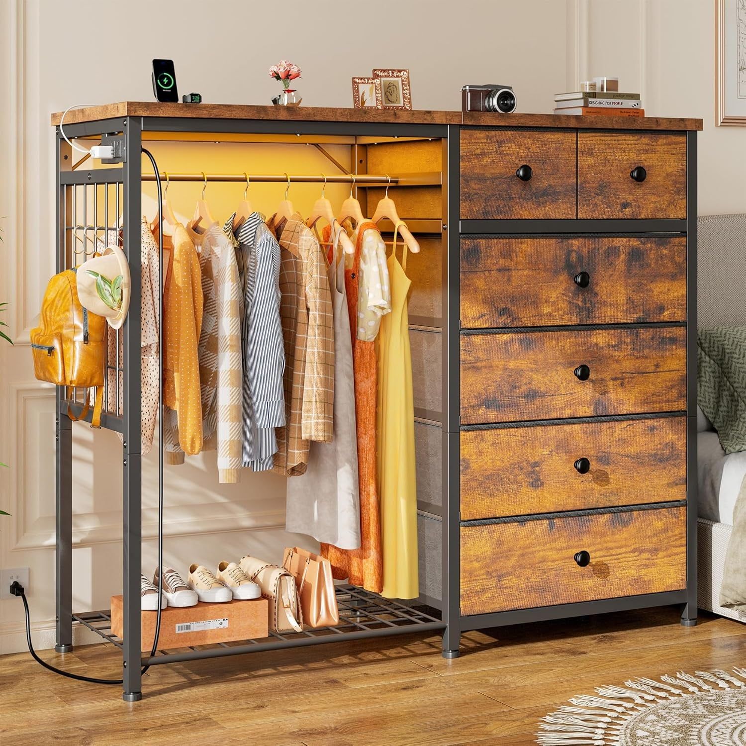 49.2&quot; W Dresser for Bedroom with Hanging Rack 6 Drawer Dresser with LED Lights &amp; Charging Station, Fabric Dressers &amp; Chest of Drawer with Clothes Rack,Wooden Top,Grid Panel,Closet,Rustic Brown
