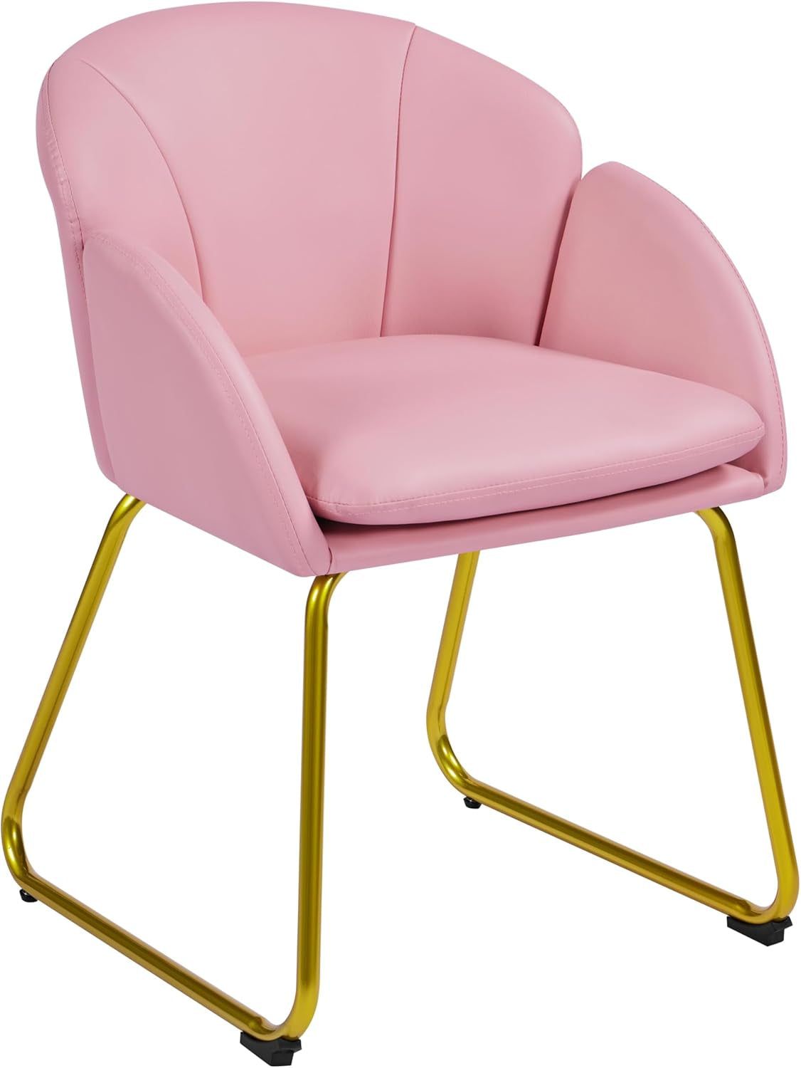 Modern PU Leather Armchair, Flower Shaped Makeup Chair Vanity Chair with Golden Metal Legs for Living Room/Makeup Room/Bedroom/Home Office/Kitchen, Simple Pink