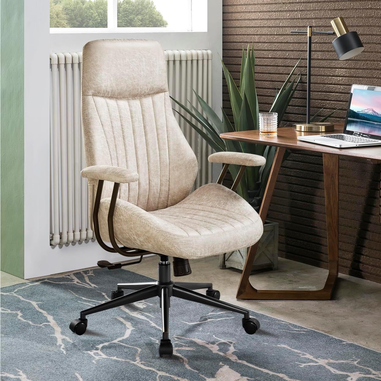 Ergonomic Home Office Chair, Mid-Century Modern Leather Chair with Lumbar Support, High Back Swivel Rolling Executive Chair, Comfy Task Computer Desk Chair (Beige, Suede Leather)