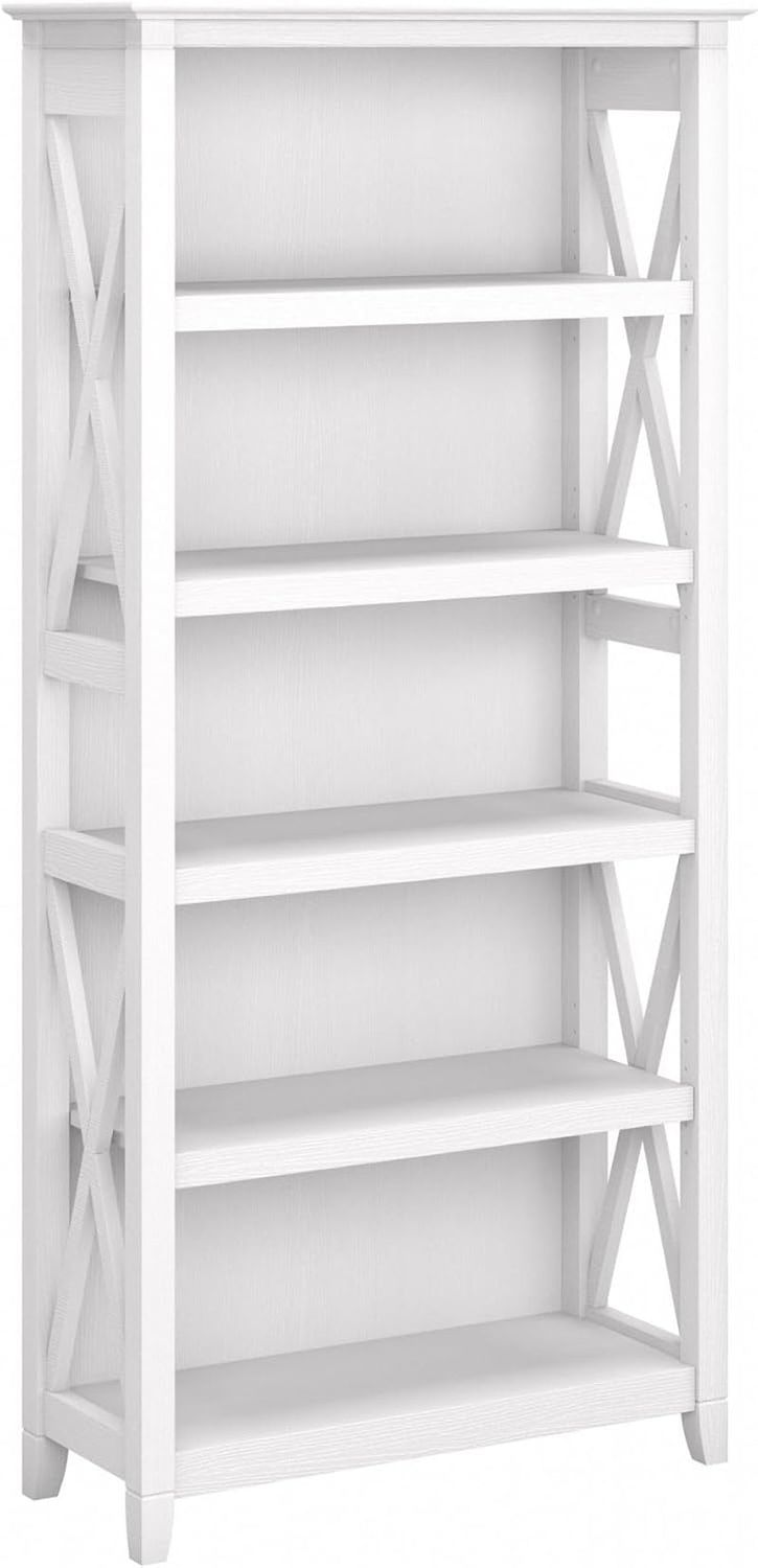 Bush Furniture Tall 5 Shelf Bookcase for Living Room or Home Office, Large Bookshelf, Modern Farmhouse Style, Key West Collection, Pure White Oak