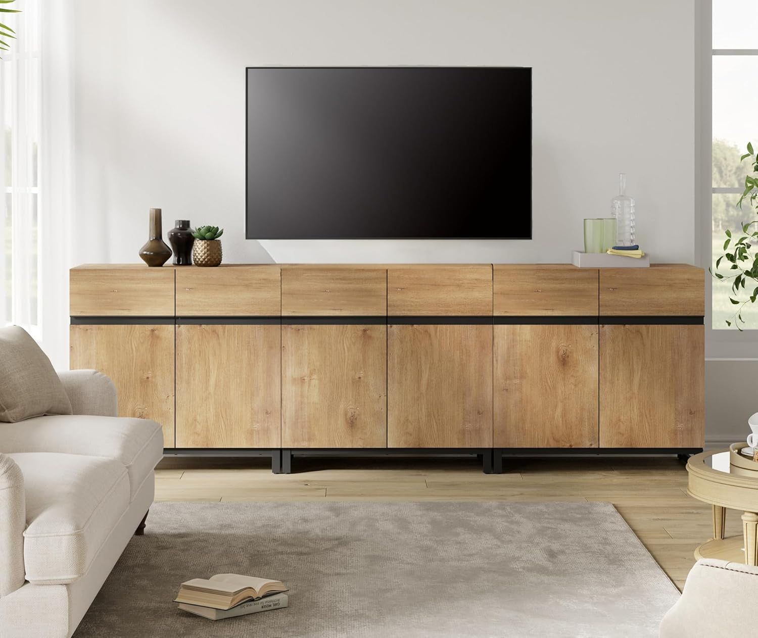 Modern TV Stand for Tvs up to 110 Inch, 3 in 1 Wood Entertainment Center TV Console Table with Adjustable Shelves and Metal Base for Living Room,Bedroom,Oak