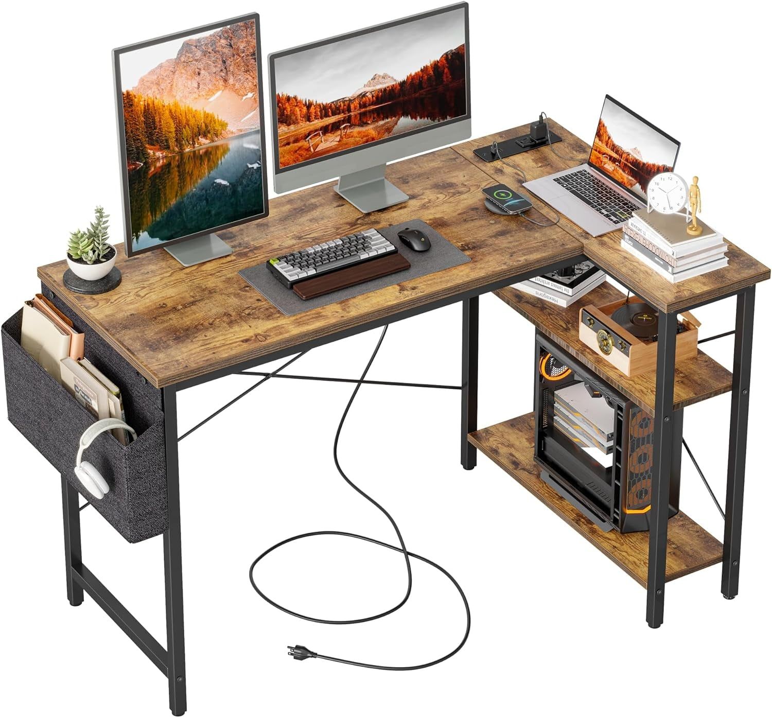 L Shaped Computer Desk with Power Outlets, 47 Inch Small Corner Desk with Reversible Shelves, Gaming Desk Computer Table Study Writing Desk for Home Office Small Space, Rustic Brown