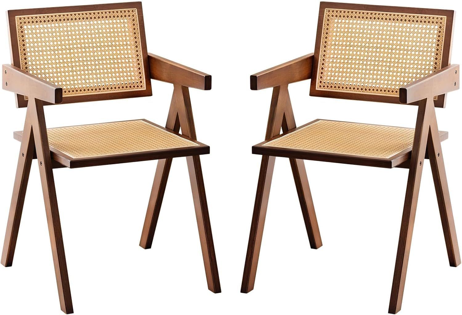 Rattan Accent Chairs, Modern Mid Century Dining Chairs Set of 2, Comfy Armchairs, Outdoor Rattan Chairs with Armrest for Bedroom Living Room Reading Room Dining Kitchen, Brown