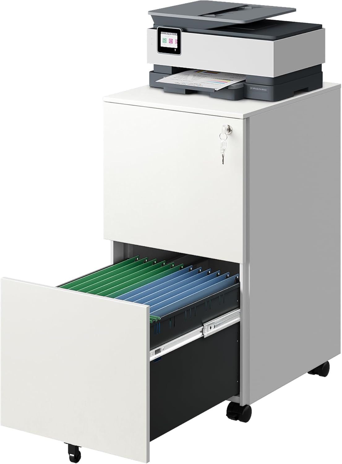 2-Drawer Rolling File Cabinet with Lock, Metal Filing Cabinet for Home Office, Fully Assembled under Desk Cabinet, White