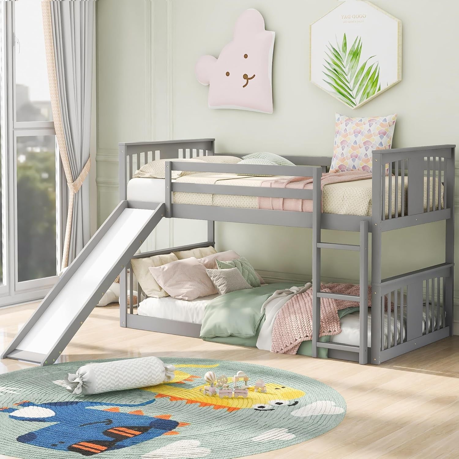 Montessori Floor Bunk Bed Twin over Twin, Twin Bunk Bed with Slide and Ladder, Kids Bunk Beds with Guardrail Headboard and Footboard, Low Bunk Beds for Kids, Boys, Girls, Twin Bunk Bed Gray