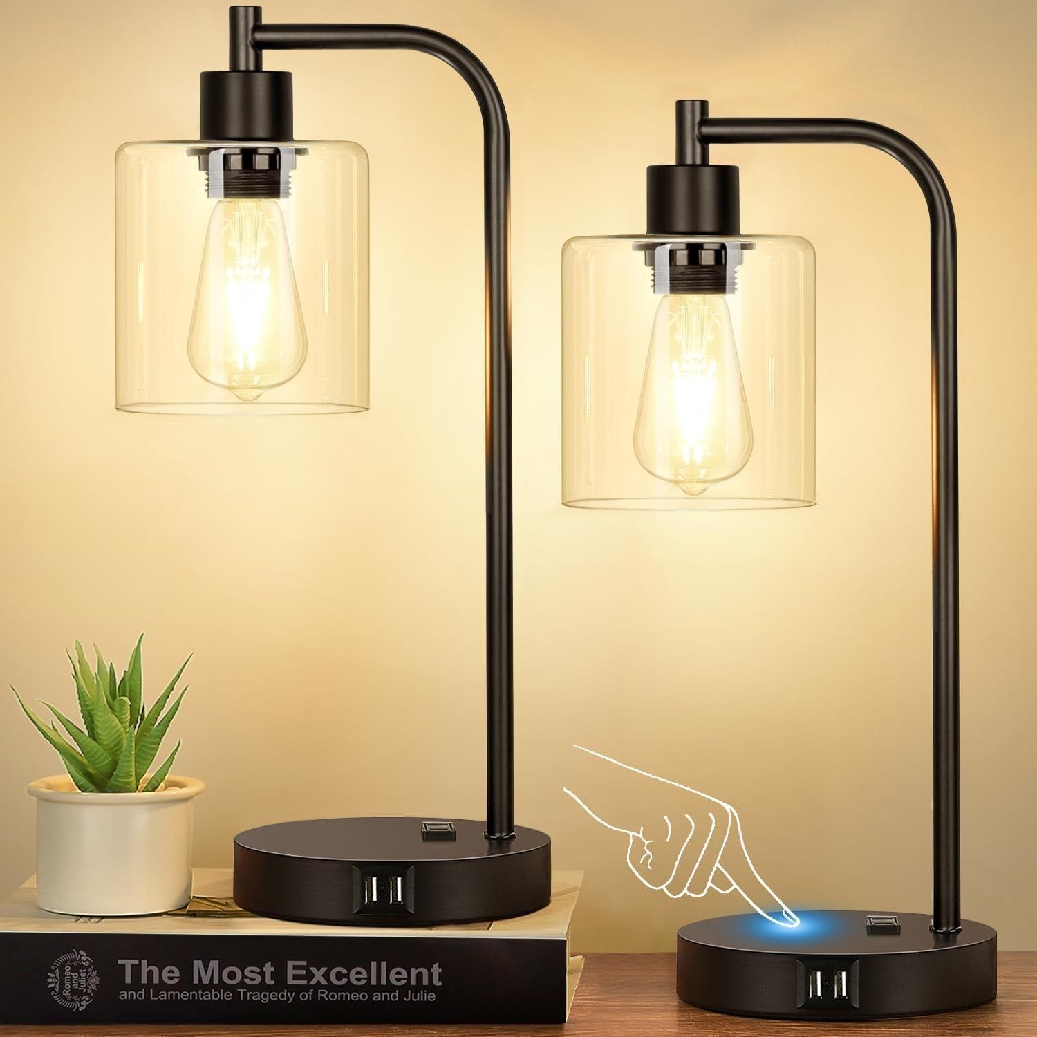 Set of 2 Industrial Touch Control Table Lamps with 2 USB Ports and AC Outlet - 3-Way Dimmable Black Bedside Lamps Nightstand Desk Lamps for Bedroom Living Room, Glass Shade &amp; 2 LED Bulbs Included