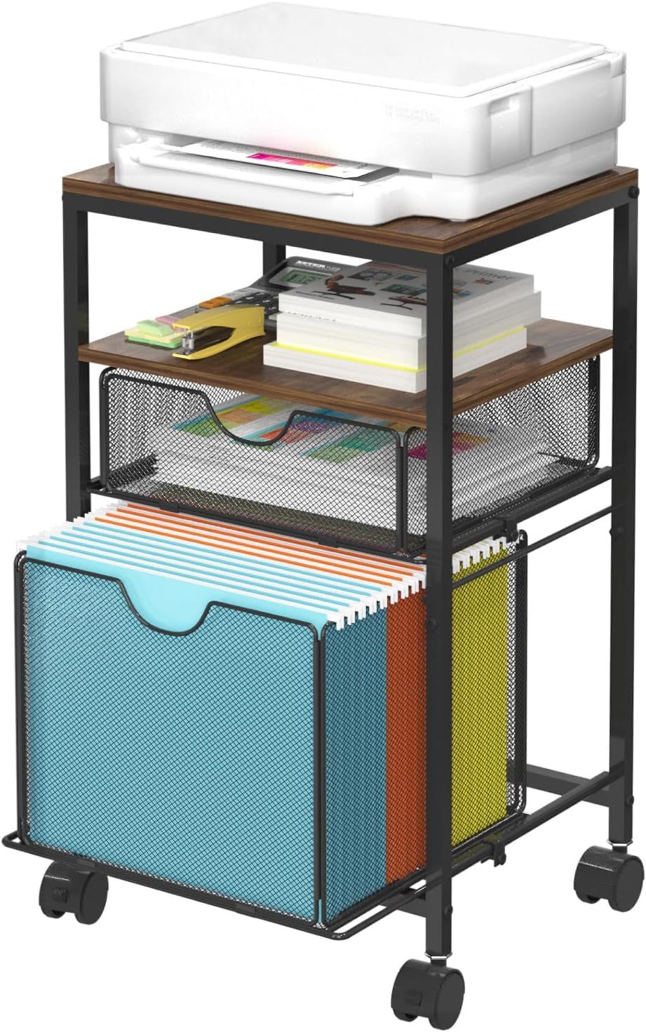 Rolling File Cart, File Cart for under Desk Storage, Mobile Wood &amp; Mesh Filing Cabinet with Sliding Drawer, for A4, Hanging File Folders, Printer, 14.7&quot; L X 11.8&quot; D X 25.3&quot; H